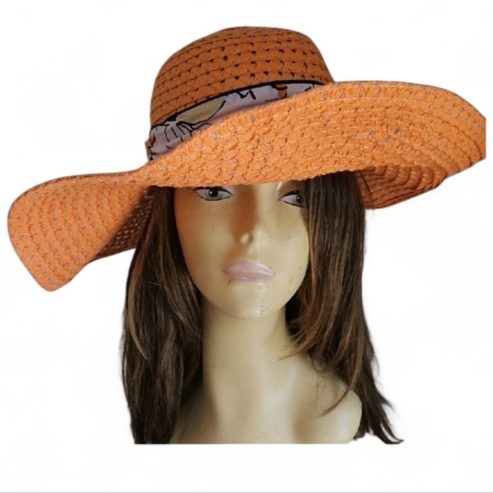 OrangeFloppy‎ Hat w/ Attached Cotton Floral Scarf Trim  Tea Church Pool Hat